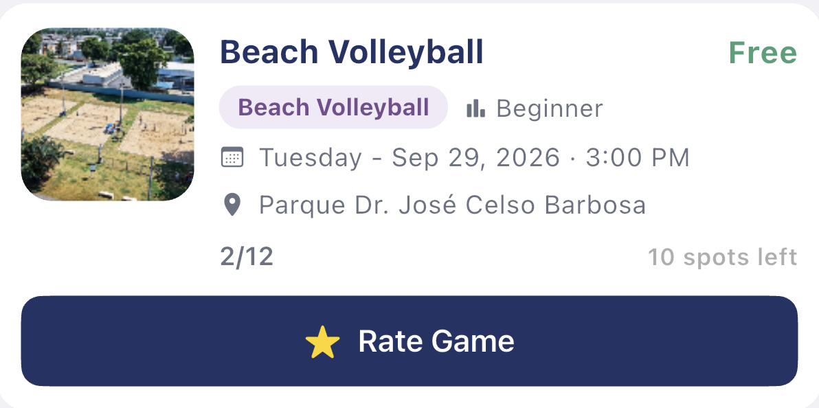Beach Volleyball game card with Rate Game button