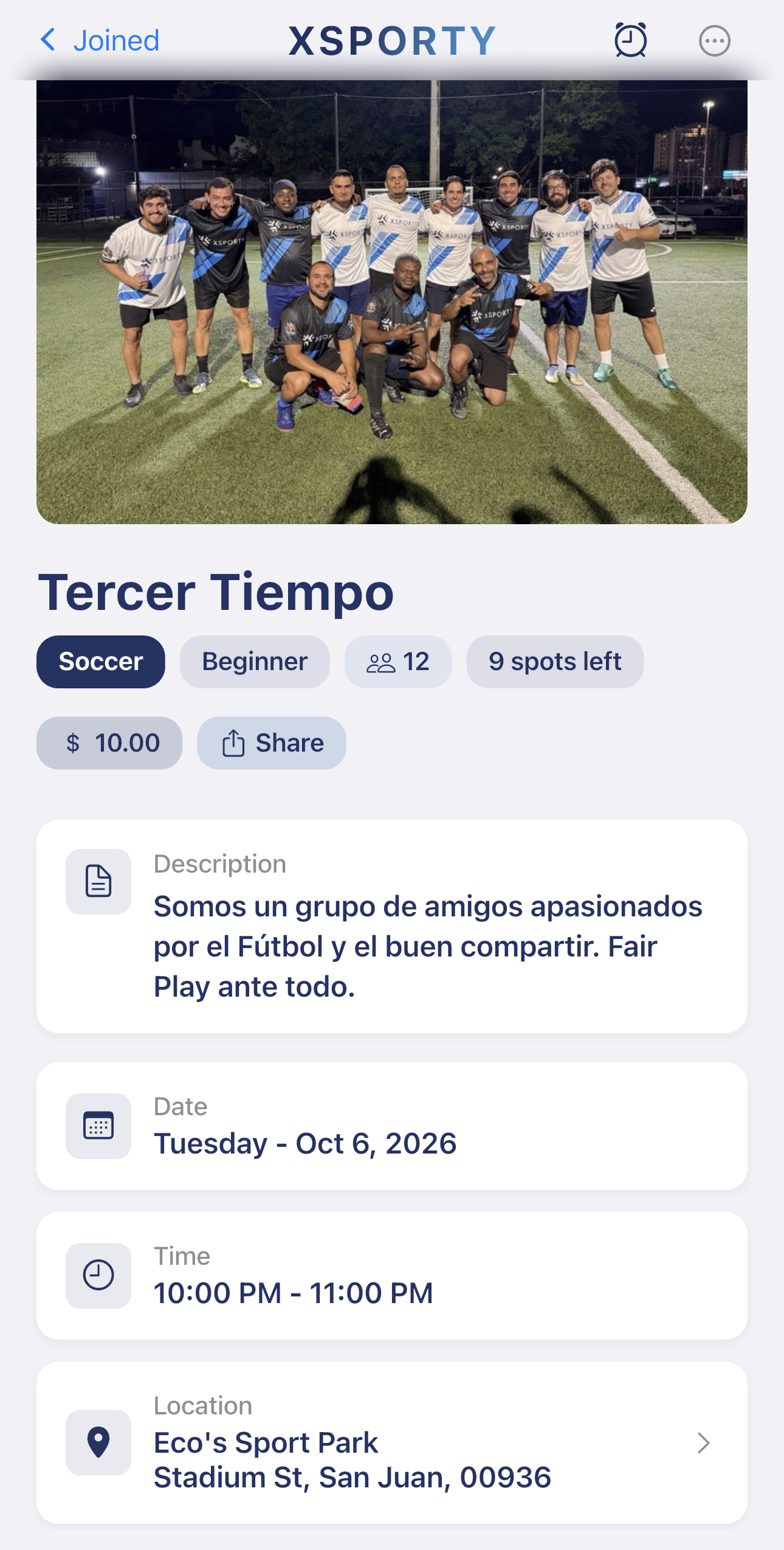 Tercer Tiempo event page in the Xsporty app